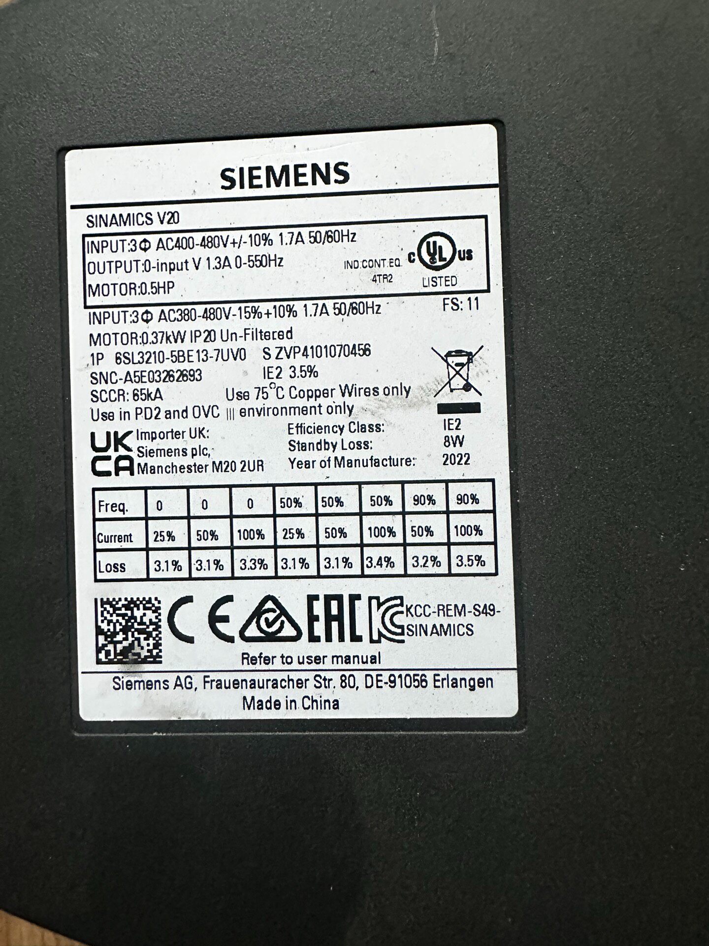 Siemens 6SL3210-5BE13-7UV0 SINAMICS V20 Преобразователь частоты 3