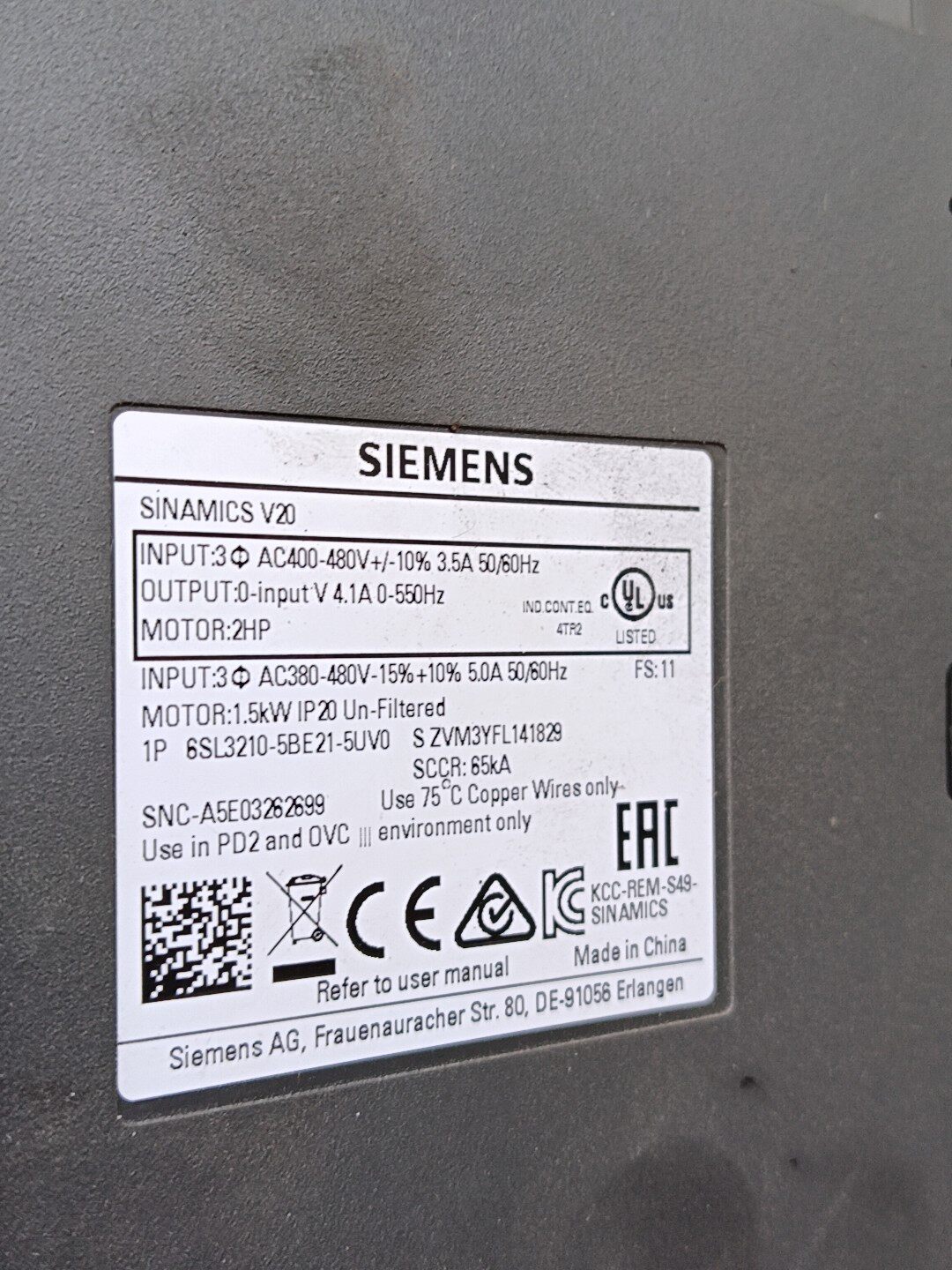 Siemens 6SL3210-5BE21-1UV0 SINAMICS V20 Преобразователь частоты 3
