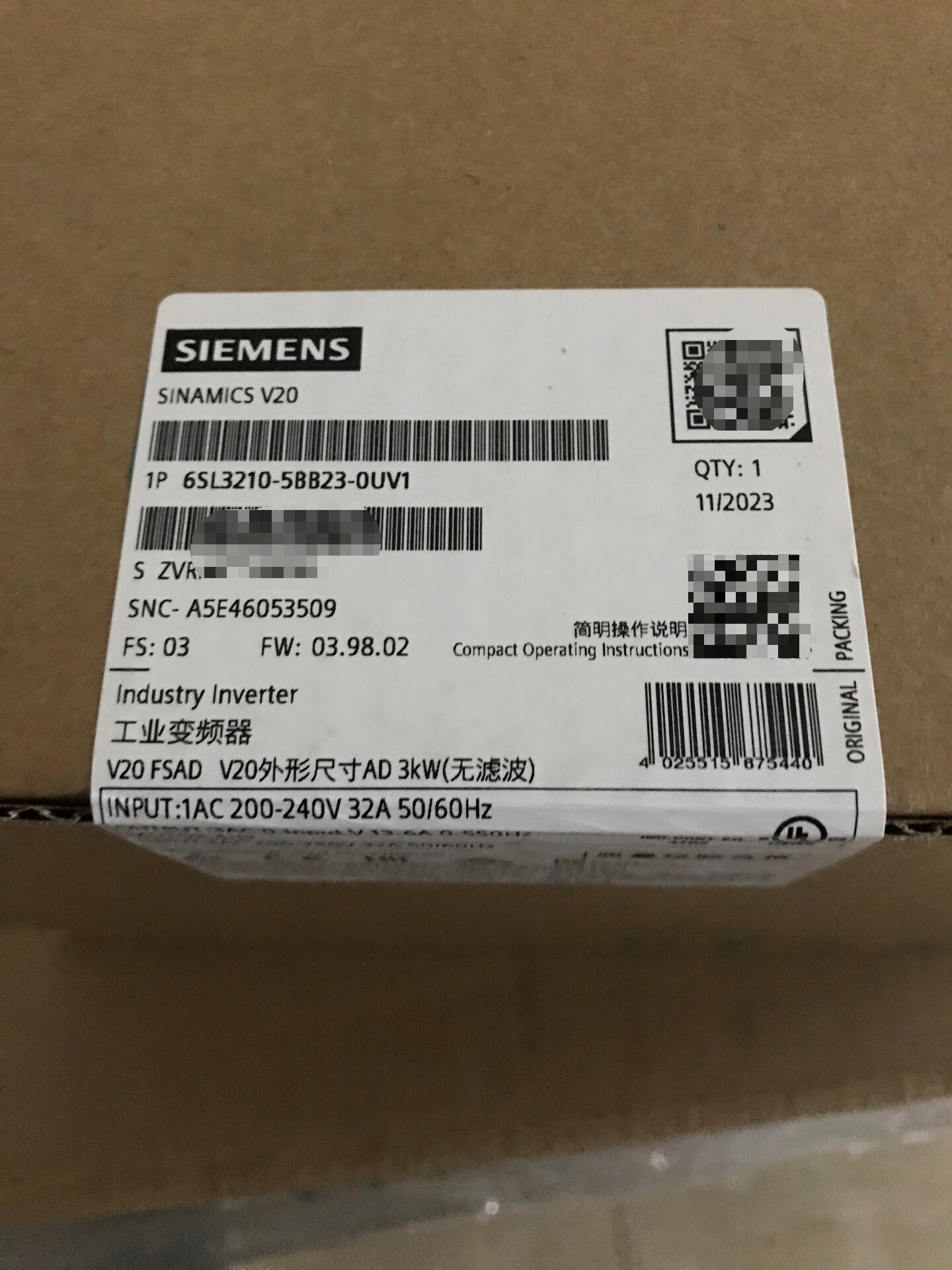 Siemens 6SL3210-5BB23-0UV1 SINAMICS V20 Преобразователь частоты