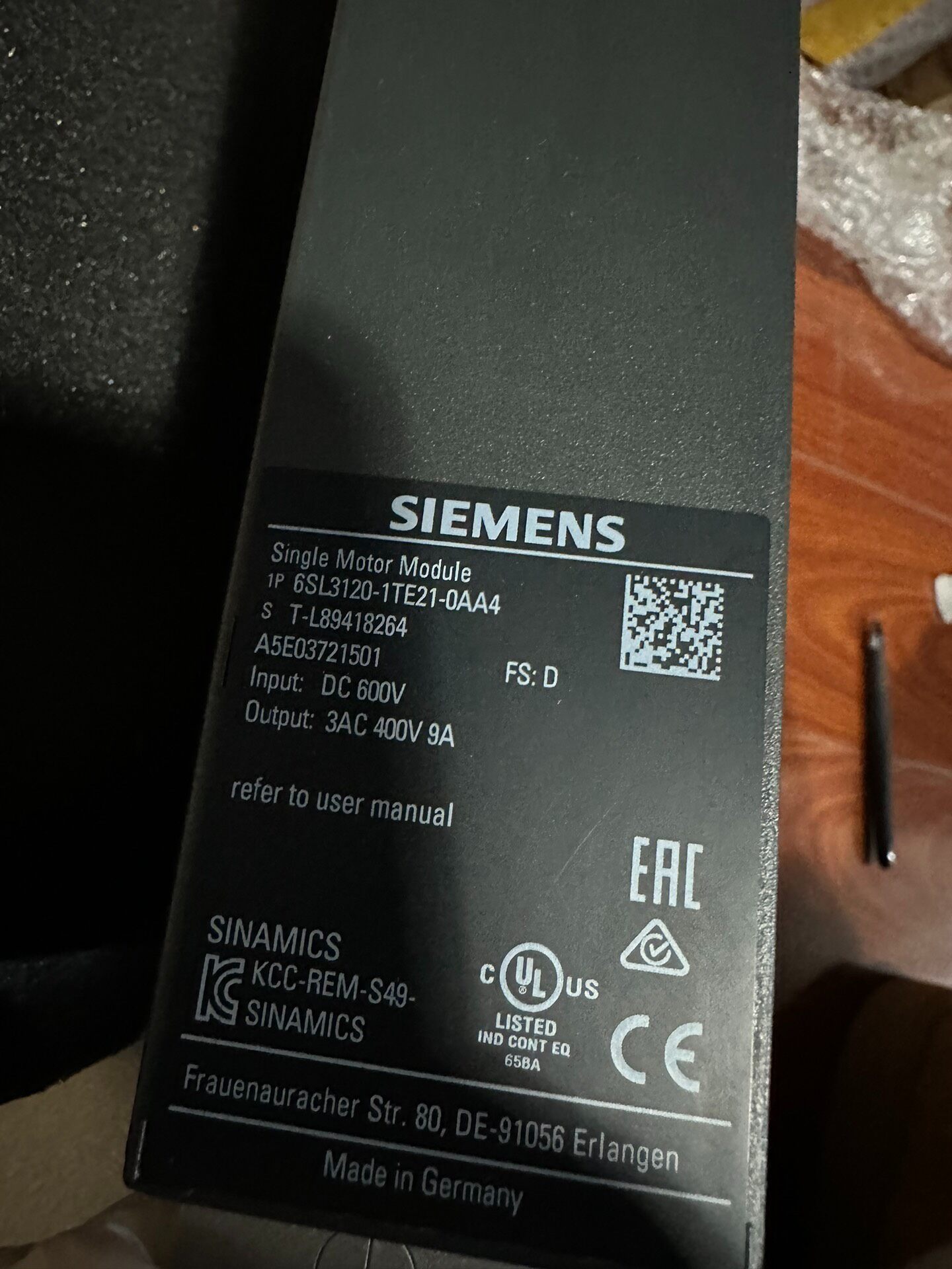 Siemens 6SL3120-1TE21-0AA4 SINAMICS S120 Сервопривод