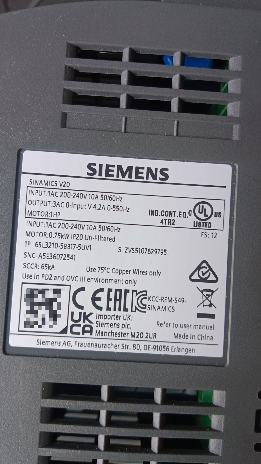 Siemens 6SL3210-5BB17-5UV1 SINAMICS V20 1AC 230V UNFILTERED 2