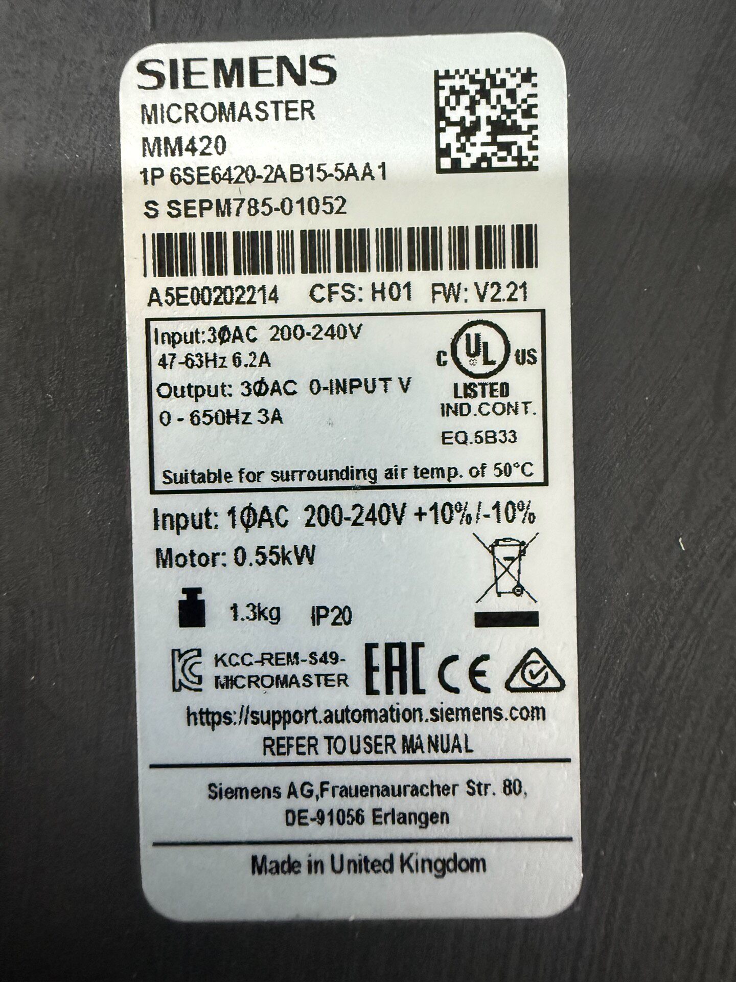Siemens 6SE6420-2AB15-5AA1 MICROMASTER 420 3