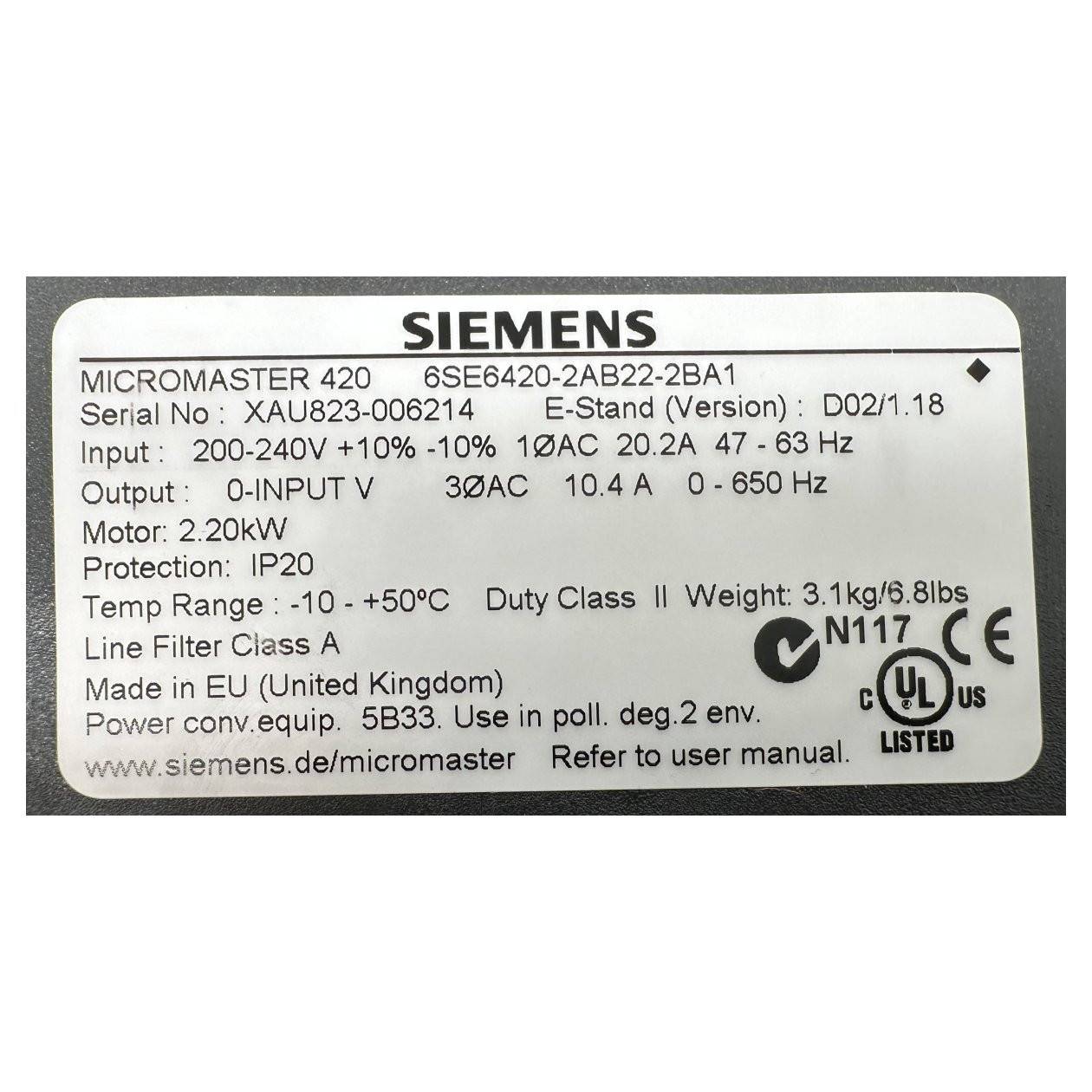 Siemens 6SE6420-2AB22-2BA1 MICROMASTER 420 4