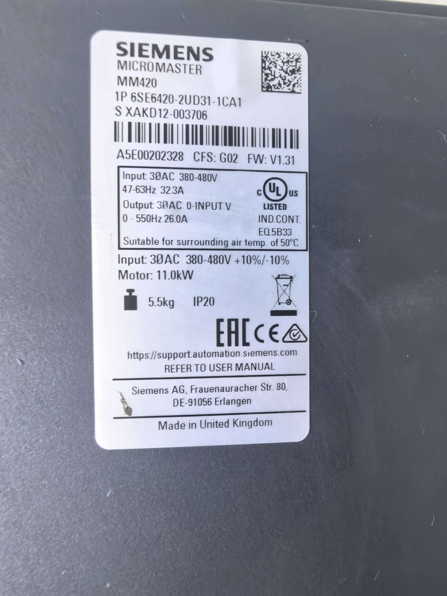 Siemens 6SE6420-2UD31-1CA1 MICROMASTER 420 3