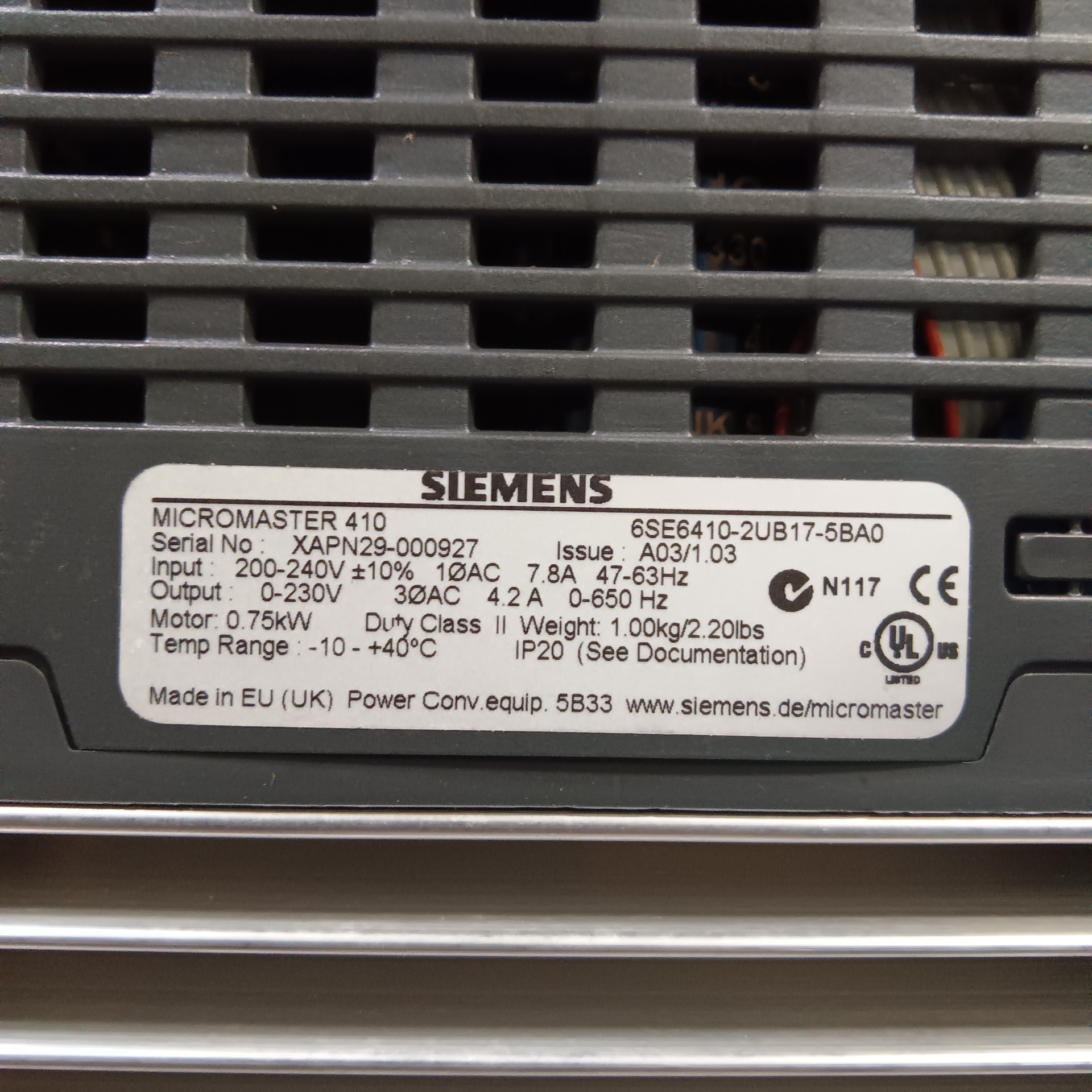 Siemens 6SE6410-2UB17-5BA0 MICROMASTER 410 3