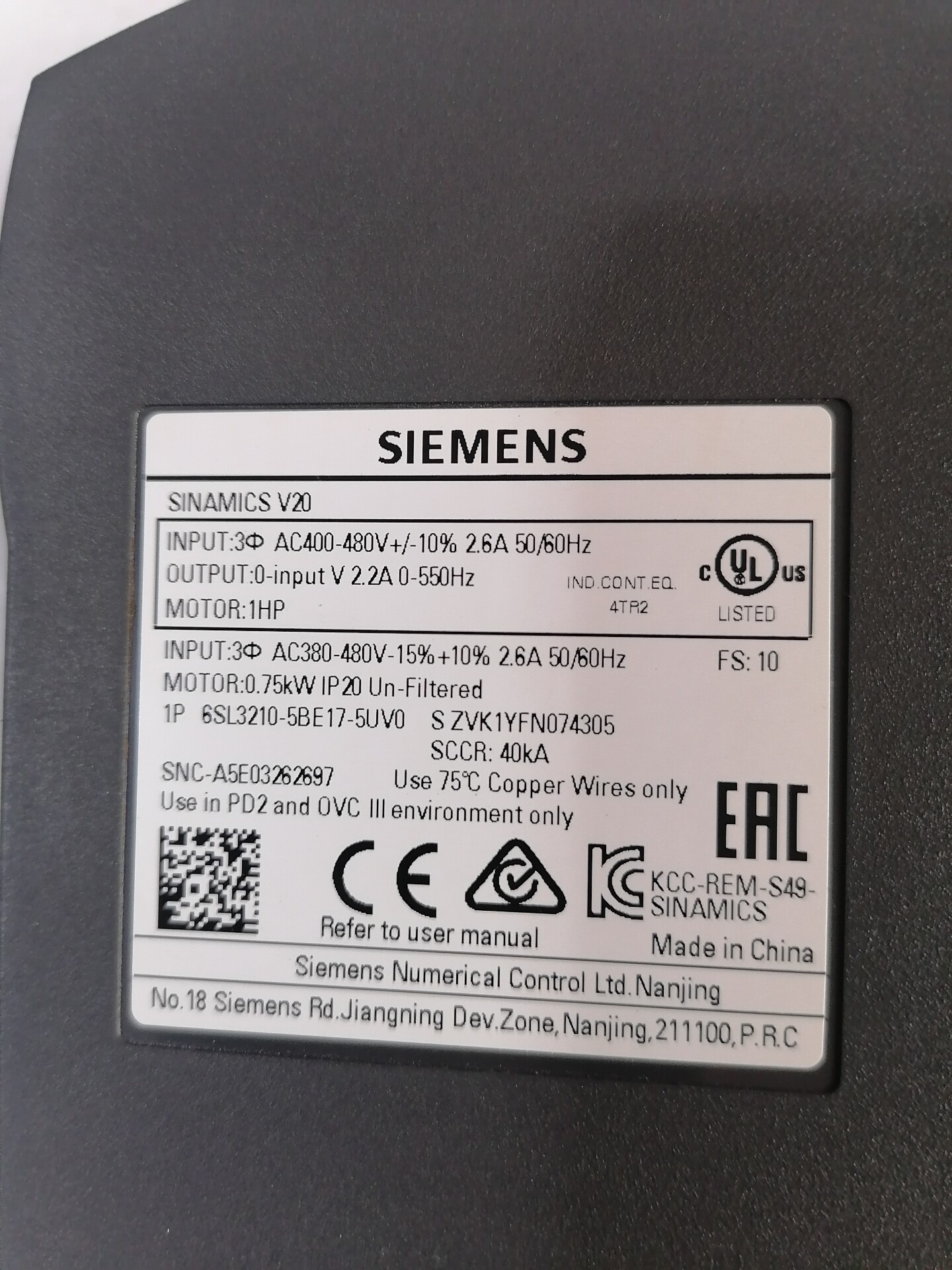 Siemens 6SL3210-5BE17-5UV0 SINAMICS V20 5