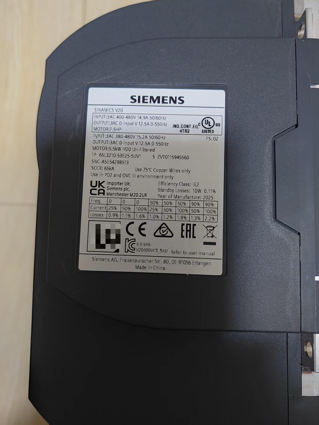 Siemens 6SL3210-5BE25-5UV1 SINAMICS V20 2