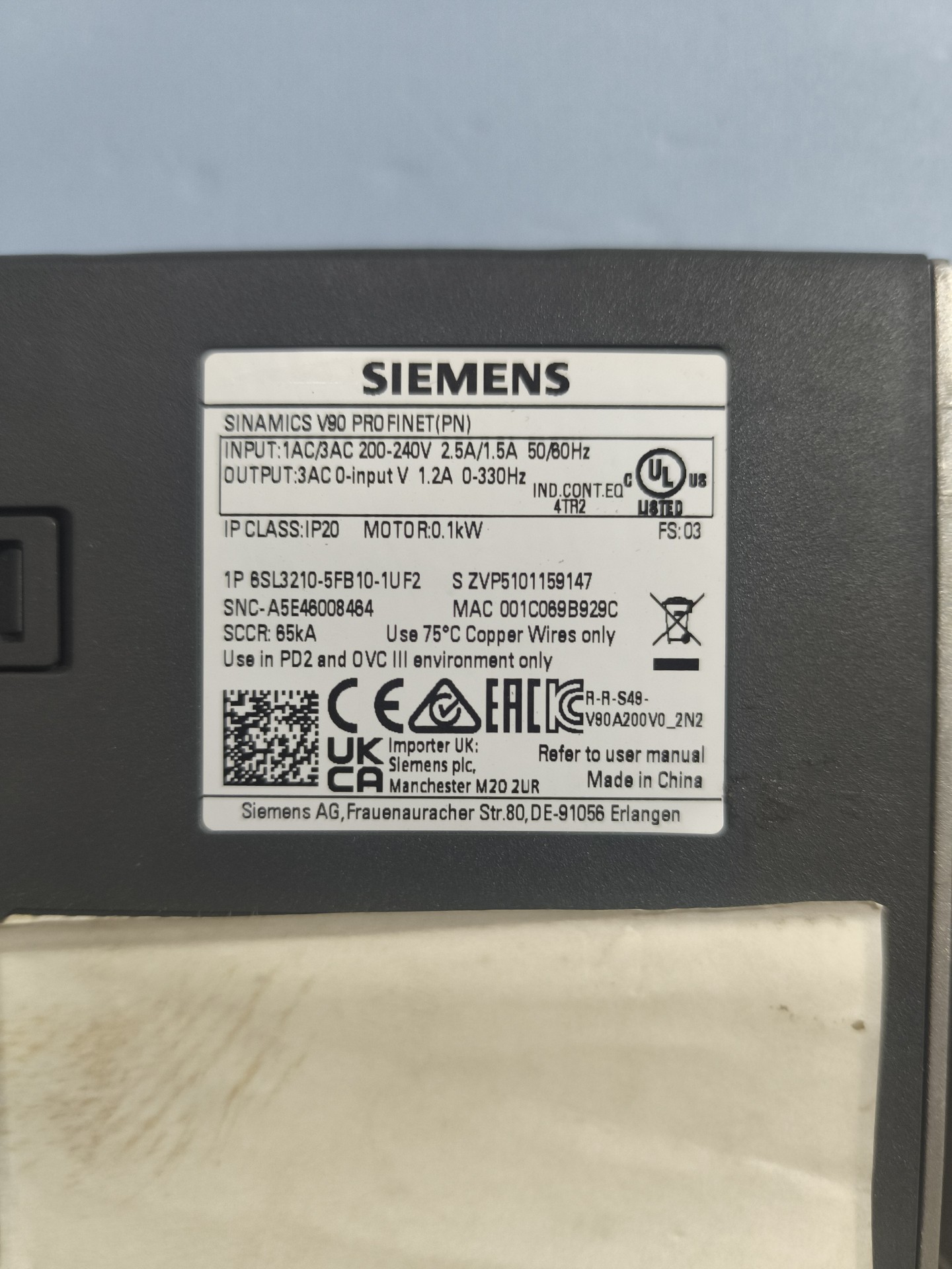 Siemens 6SL3210-5FB10-1UF2 SINAMICS V90 3
