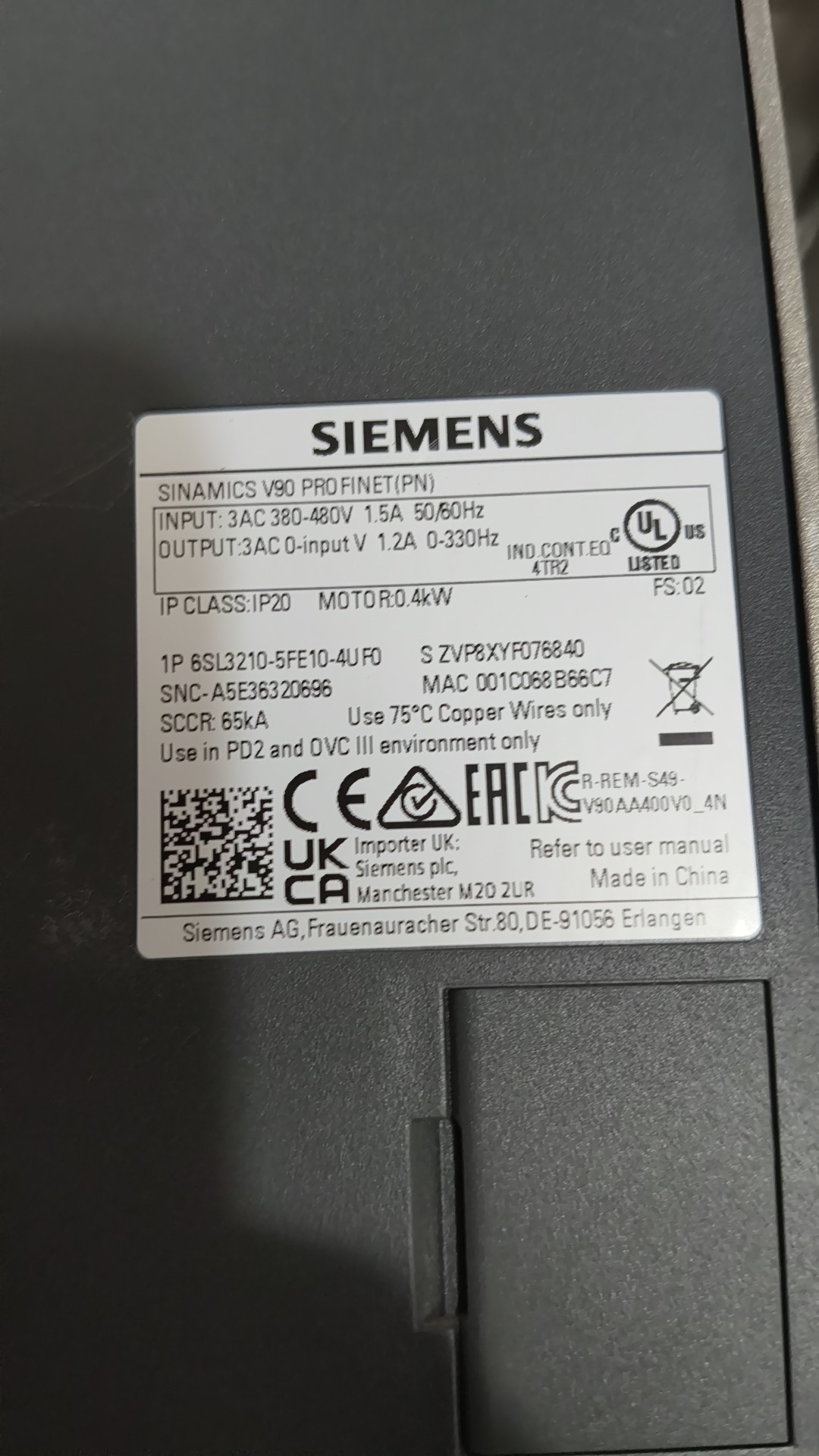 Siemens 6SL3210-5FE10-4UF0 SINAMICS V90 3