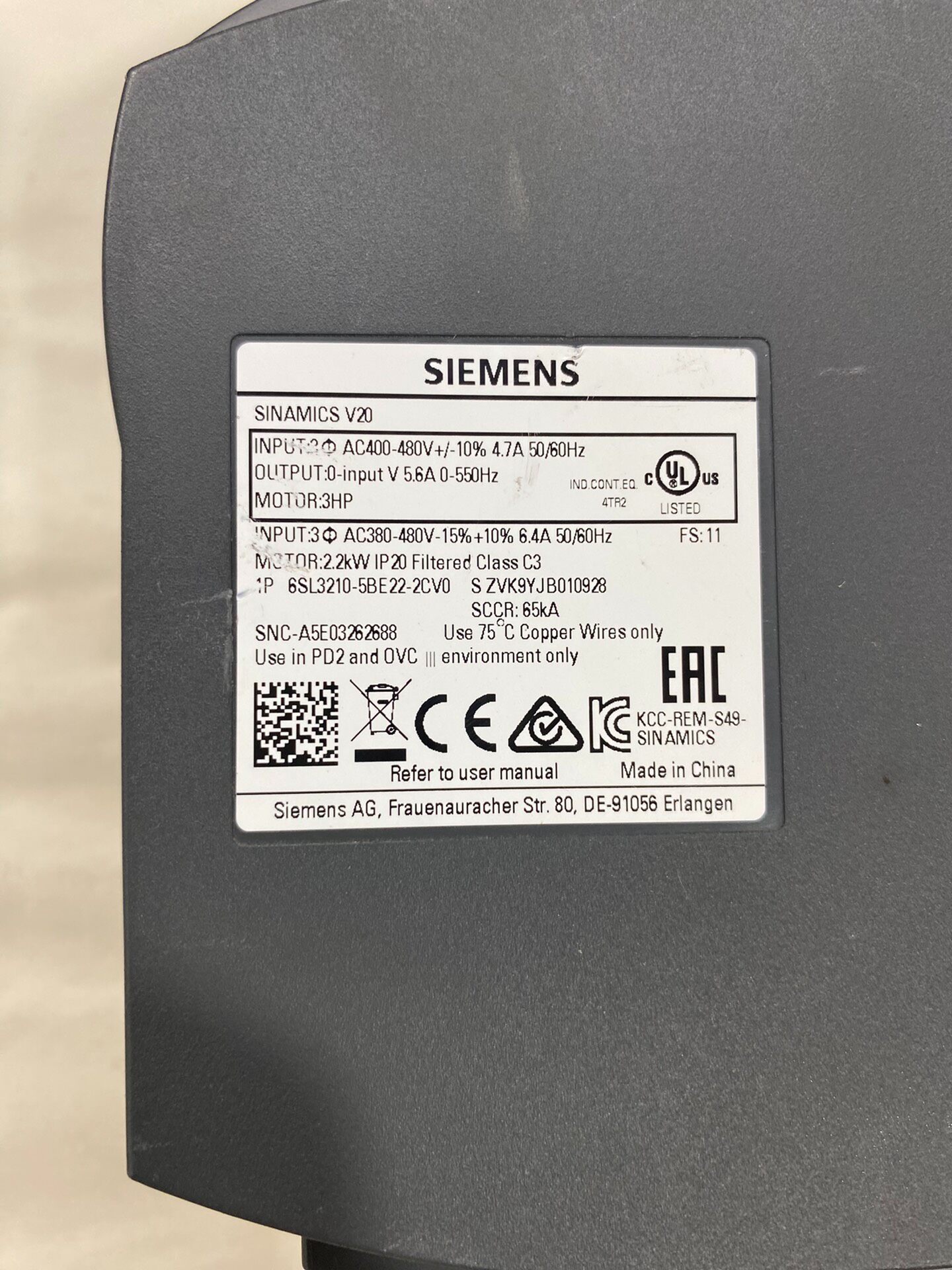Siemens 6SL3210-5BE22-2CV0 SINAMICS V20 3