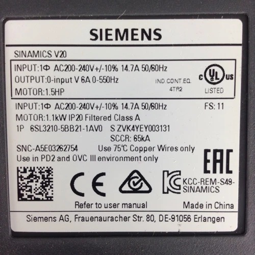 Siemens 6SL3210-5BB21-1AV0 SINAMICS V20 3