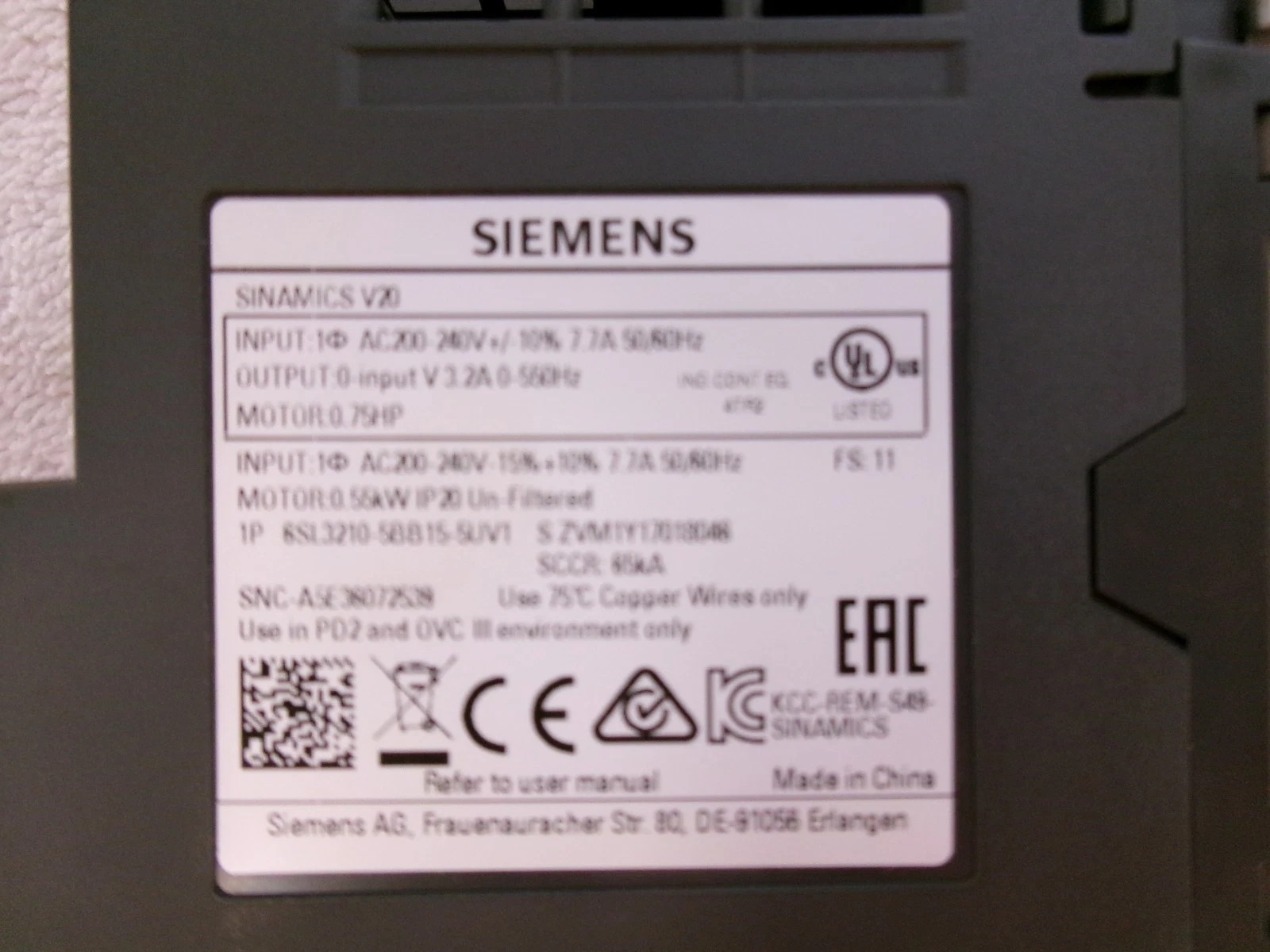 Siemens 6SL3210-5BB15-5UV1 SINAMICS V20 3