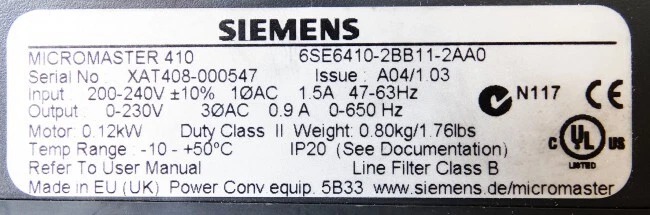 Siemens 6SE6410-2BB11-2AA0 MICROMASTER 410 3