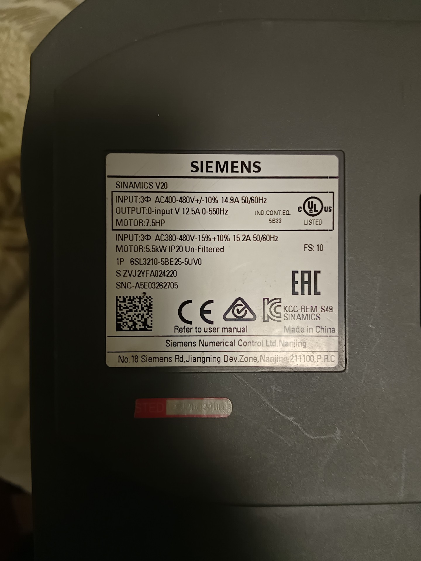 Siemens 6SL3210-5BE25-5UV0 SINAMICS V20 Преобразователь частоты 5